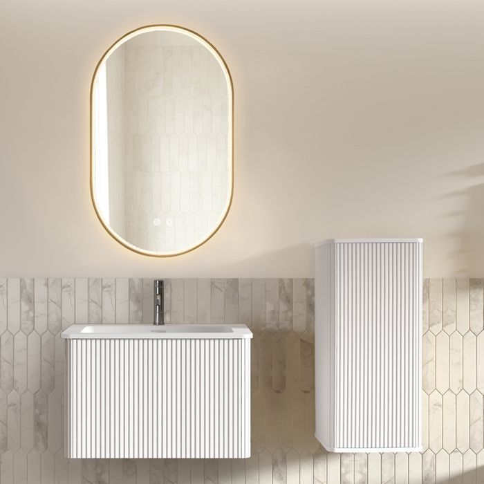 Ensemble meuble vasque et miroir LED - Miroir ovale - Vasque pierre reconstituée blanche - 60 cm - Miroir LED réglable antibuée