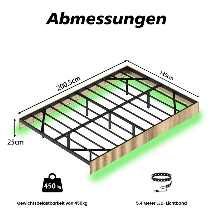 Lit adulte 140x200 design flottant avec LED RGB cadre en acier renforce et habillage chene clair rainure ORVRYN