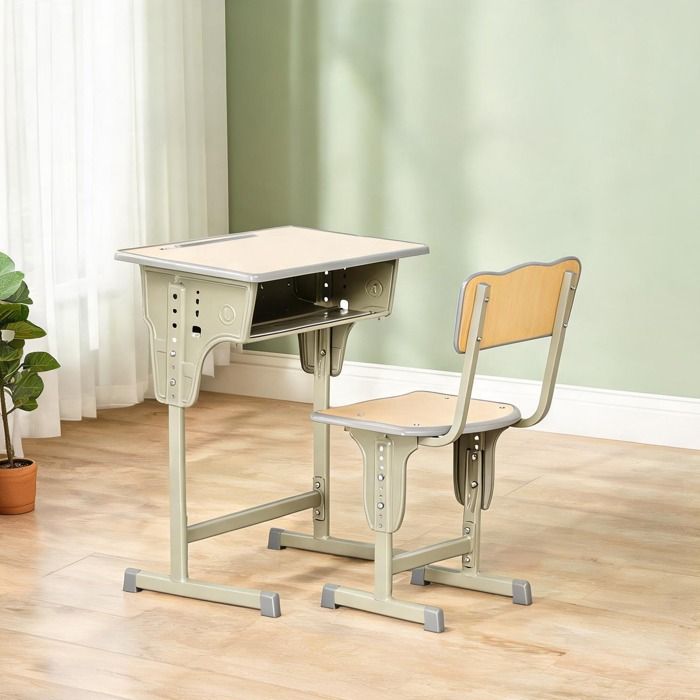 Ensemble bureau et chaise enfant vintage réglable en MDF aspect bois et acier kaki - Gris Bois naturel MDF 23.62 x 15.75 x 29.92