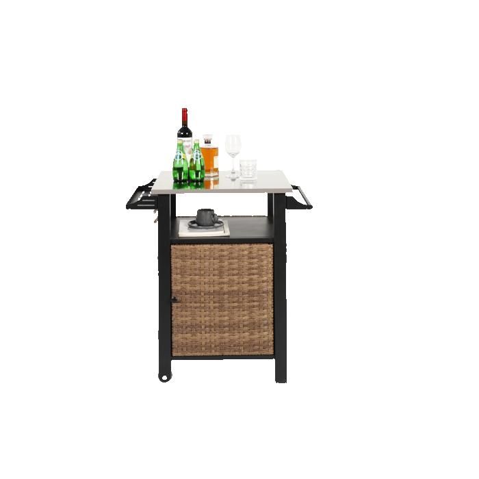 ELVORIN Chariot de bar extérieur à roulettes 76 x 57 x 85 cm rangement plateau en acier inoxydable rotin tressé marron
