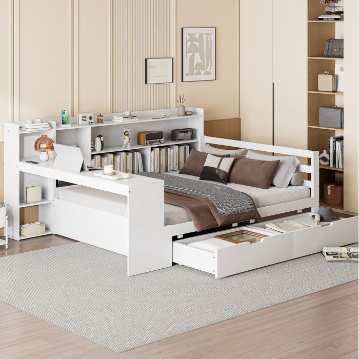 Lit Combiné Double avec Bureau Intégré Bibliothèque et 2 Tiroirs - ELVMI - avec Prise USB en Bois Blanc 140 × 200 cm