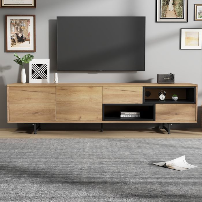 Meuble TV bas - ZEMINPEOEL - 173x38x48 cm effet bois 2 portes 2 tiroirs niches ouvertes passe-câbles TV 70 pouces