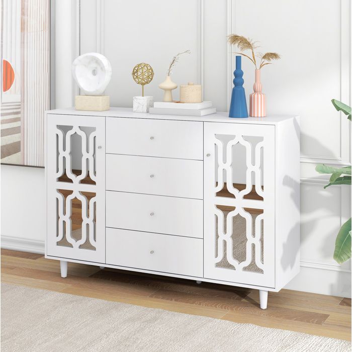 Buffet blanc effet miroir AESVAR 1475 x 40 x 102 cm 2 portes 4 tiroirs MDF