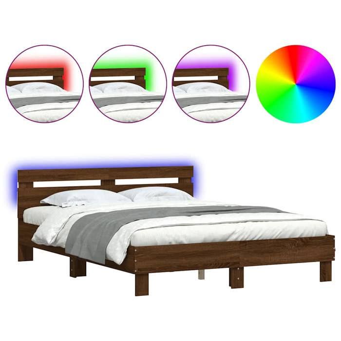 Cadre de Lit avec LED sans matelas 2 places Chêne Marron 140x190 cm en bois avec lattes en contreplaqué 745579