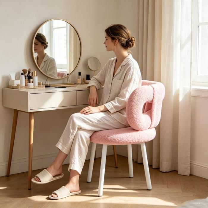 VIVOLILV Chaise de Coiffeuse Rose en Teddy Bouclé 45x45x67 cm Fauteuil Maquillage Design Moderne Cadeau Idéal pour Femme