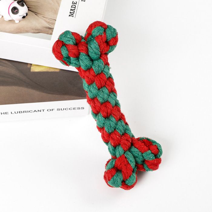 Jouet à mâcher pour chien en corde - Double nœud - Corde en coton - 17 cm - Rouge et vert - Pour jeu de traction