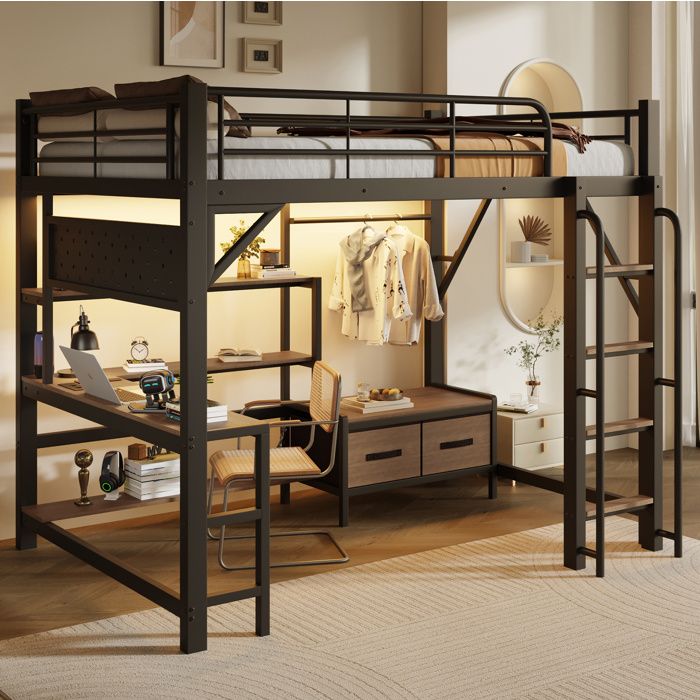 HOMVRA Lit mezzanine 140x200 cm avec bureau intégré rangements tiroirs en tissu LED USB noir