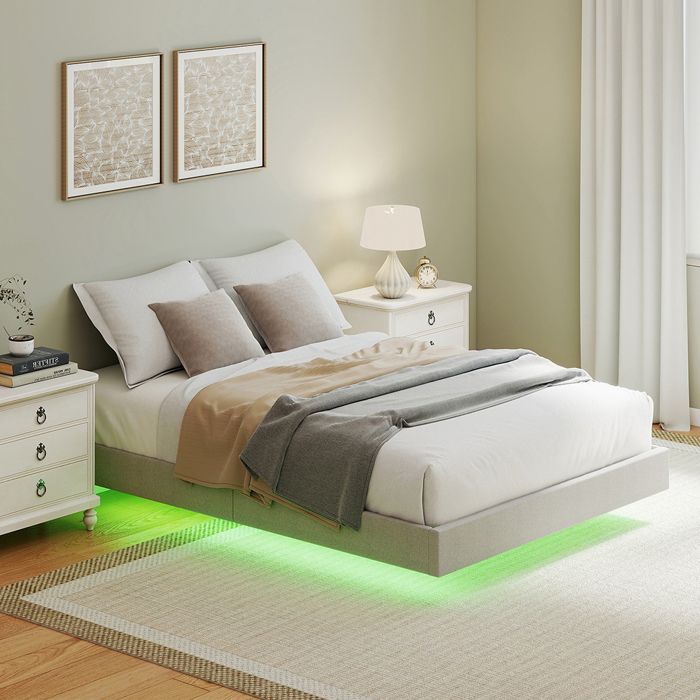 Cadre de lit flottant - CRESTA - 140 x 190 cm - Éclairage LED RGB - Rembourré lin beige - Sommier à lattes bois Cadre de lit flottant - CRESTA - 140 x 190 cm - Éclairage LED RGB - Rembourré lin beige - Sommier à lattes bois