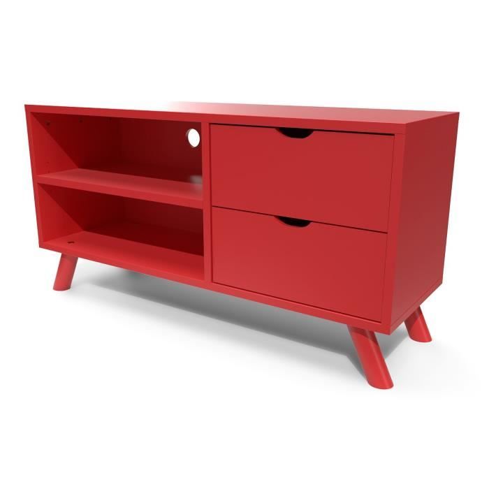 meuble tv scandinave viking bois - rouge - abc meubles - 2 tiroirs