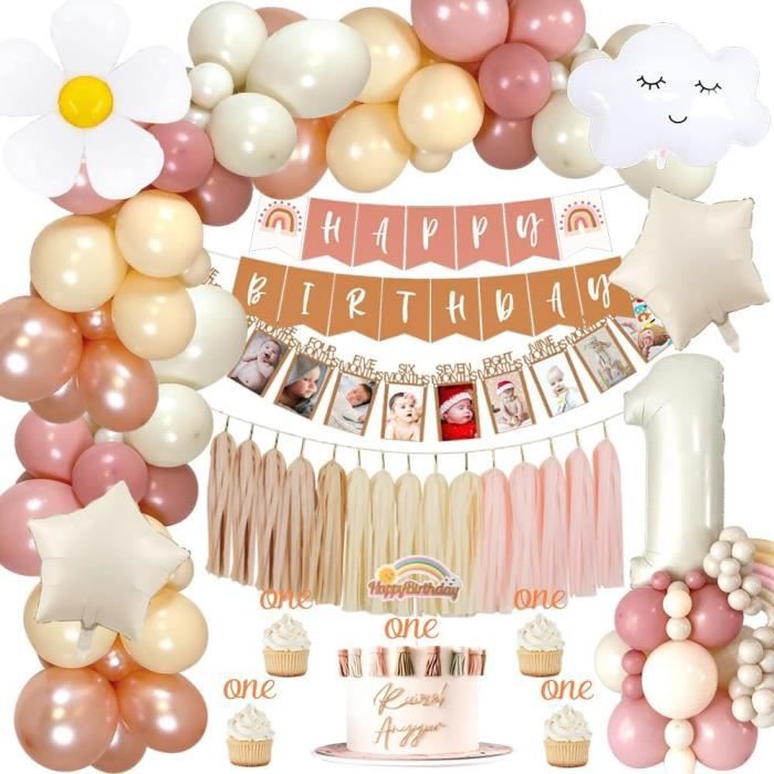 Toile De Fond Photo 1er Anniversaire Fille 2,4x1,8m - Ballons Roses Style Bohème - Décoration Photographie
