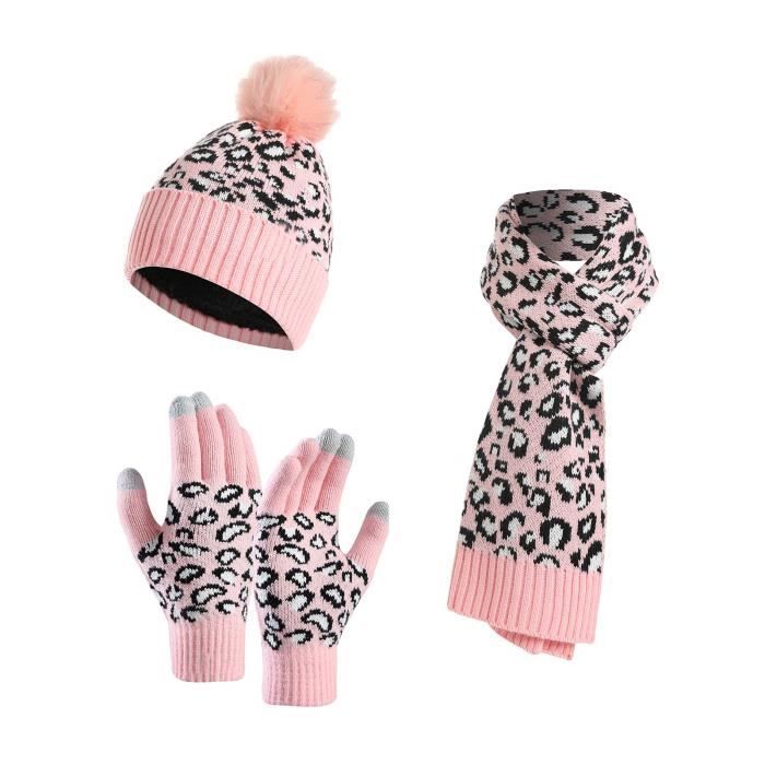 Bonnet écharpe Gants Tricot Set Bonnet écharpe Gants Enfant - Hiver Tactile écran - 3-12 Ans - Tricot Pompon Coloré Bonnet Fille 12 Ans