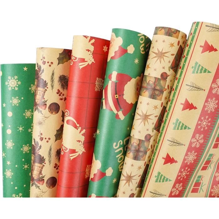 Papier Cadeau Noel 6 Feuilles, Kraft Rétro Emballage Cadeau Noel,Papier