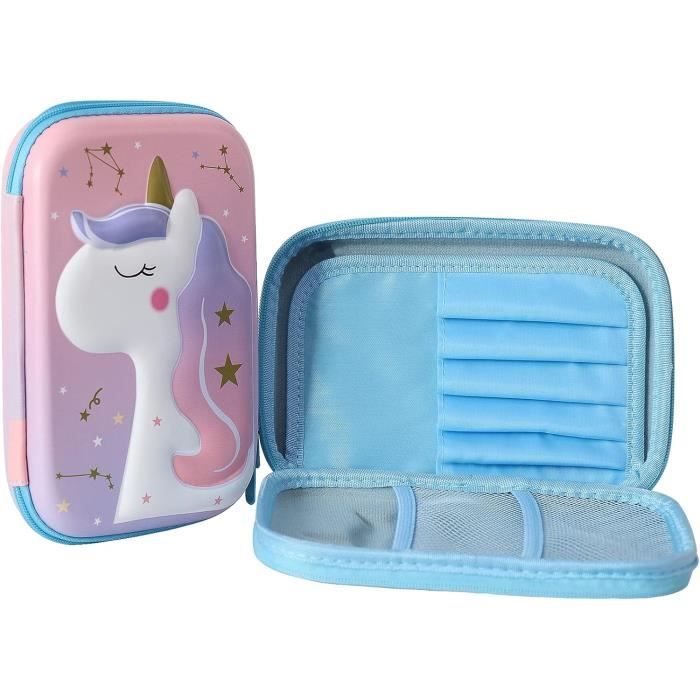 Hot Focus Trousse à crayons licorne – Trousse à crayons mécanique multifonction pour filles, 2 compartiments avec calculatrice et taille- crayon, ensemble de papeterie, cadeau parfait pour enfants et