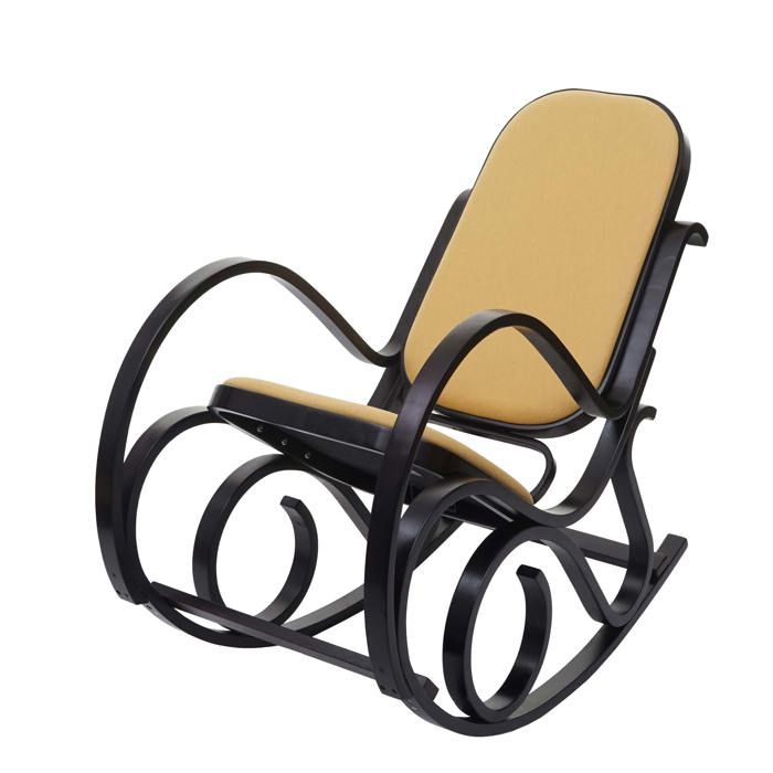 fauteuil à bascule en bois foncé - rocking chair - assise en tissu jaune