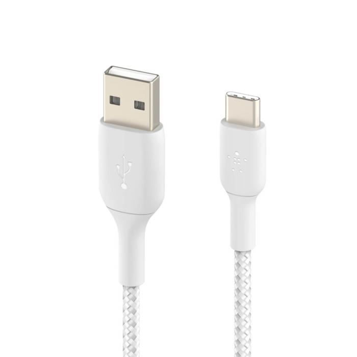 Câble USB vers USB-C MFi 18W Nylon Tressé 1m Charge et Synchro Belkin blanc