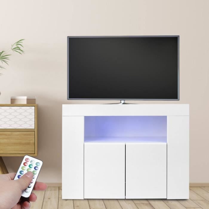 meuble tv d'angle blanc fydun - 2 couches haute brillance - support tv multifonctionnel - lumière led
