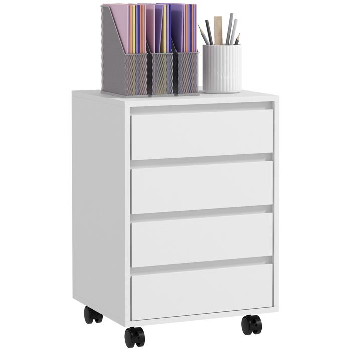 Caisson de bureau - HOMCOM - rangement sur roulettes 4 tiroirs coulissants mobilier travail - bois - aspect bois blanc