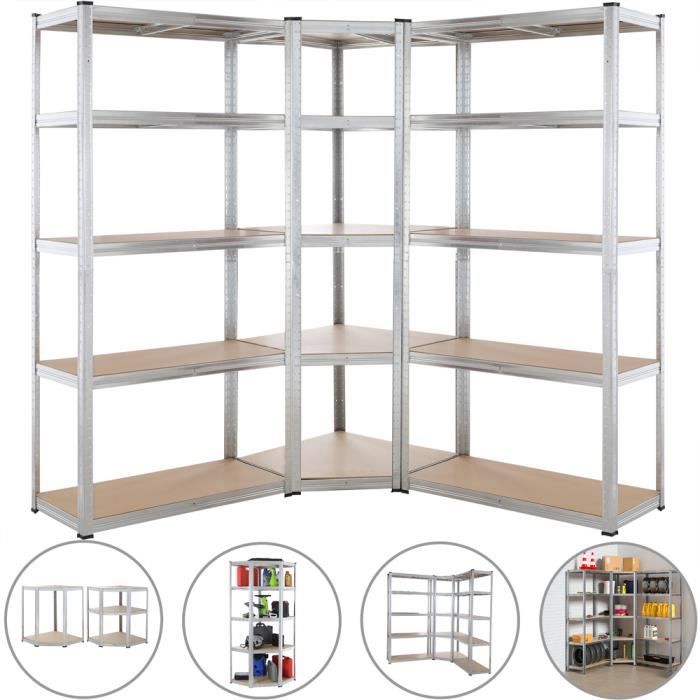 Lot de 3 étagères charges lourdes acier et MDF 15 plateaux modulable max. 875 kg par étagère d'angle garage atelier outils