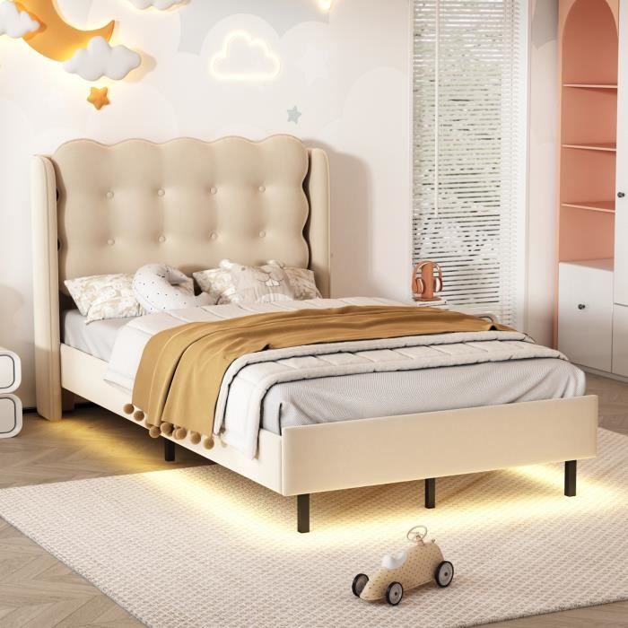 lit capitonné, lit enfant avec bandes lumineuses jaune chaud, lit simple à lattes en bois, velours, beige, 90x200cm