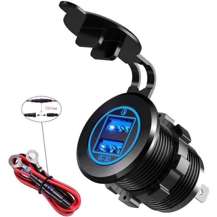Allume-Cigare Double USB 5V - Chargeur Rapide Pour Voiture Et Moto - Câble Court 15 Cm - Noir