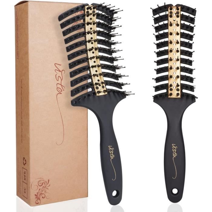 Brosse à Cheveux Démêlante - Dents De Sanglier, Courbée, Avec Miroir - Neuf