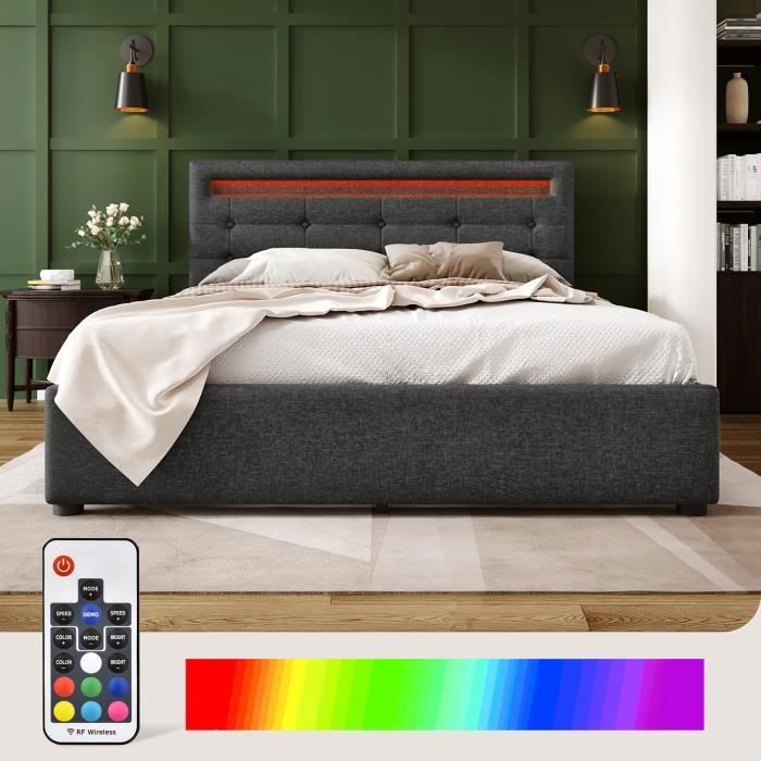 Lit sommier à lattes en bois Lit simple 140x200cm avec éclairage LED et 4 tiroirs Gris (sans matelas) Lit sommier à lattes en bois Lit simple 140x200cm avec éclairage LED et 4 tiroirs Gris (sans matelas)