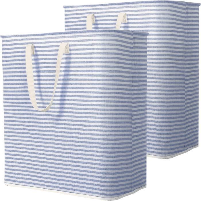 2 Paniers à Linge 75L Pliable Imperméable - Lot Bleu Et Blanc Rayé Pour Vêtements Et Jouets