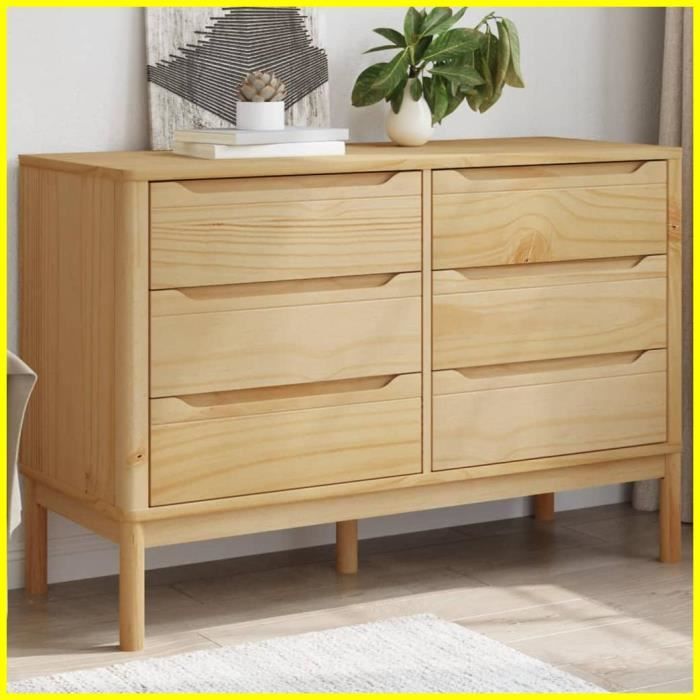 Commode - V BESTLIFE - FLORO - Bois de pin massif - 6 tiroirs - Cire marron