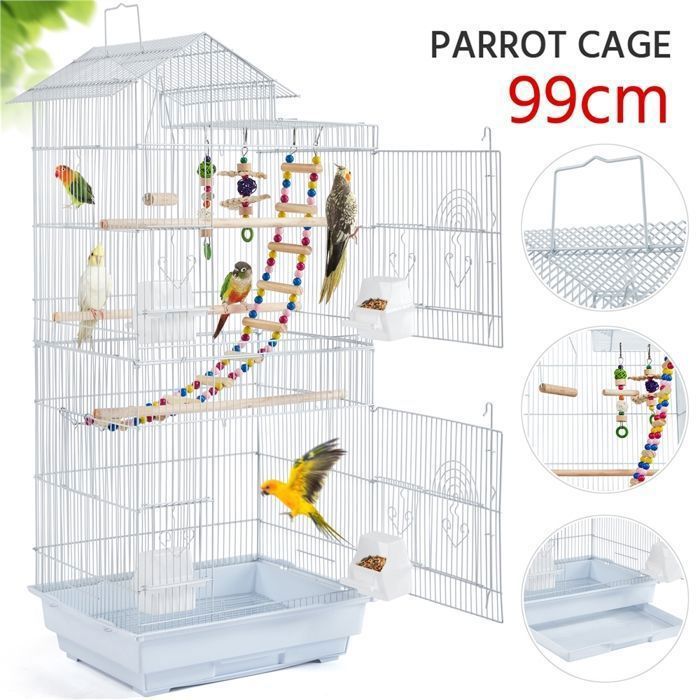 Meilleurs prix pour Yaheetech Cage à Oiseaux Blanc avec Poignée Volière Portable - 3 Jouets 4 Mangeoires 3 Perchoirs 1 Swing 46 x 35,5 x 99 cm
