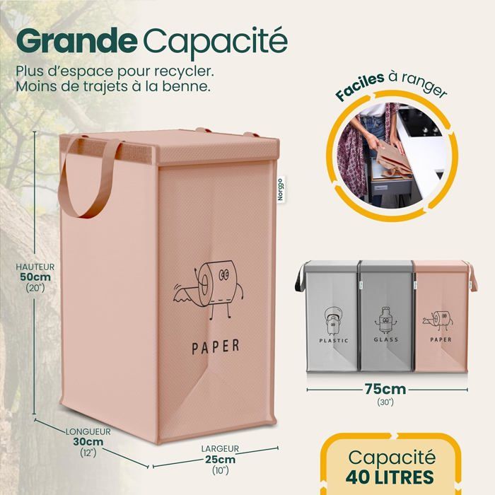 PTMS® Sac tri selectif - Poubelle 3 bac pour le verre, le papier et le