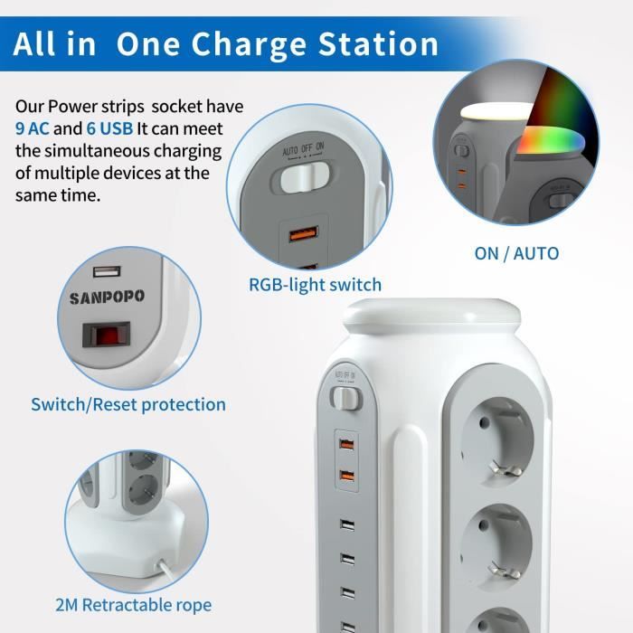 Multiprise Tour Verticale,multiprise Avec Prises Secteur Et Ports USB