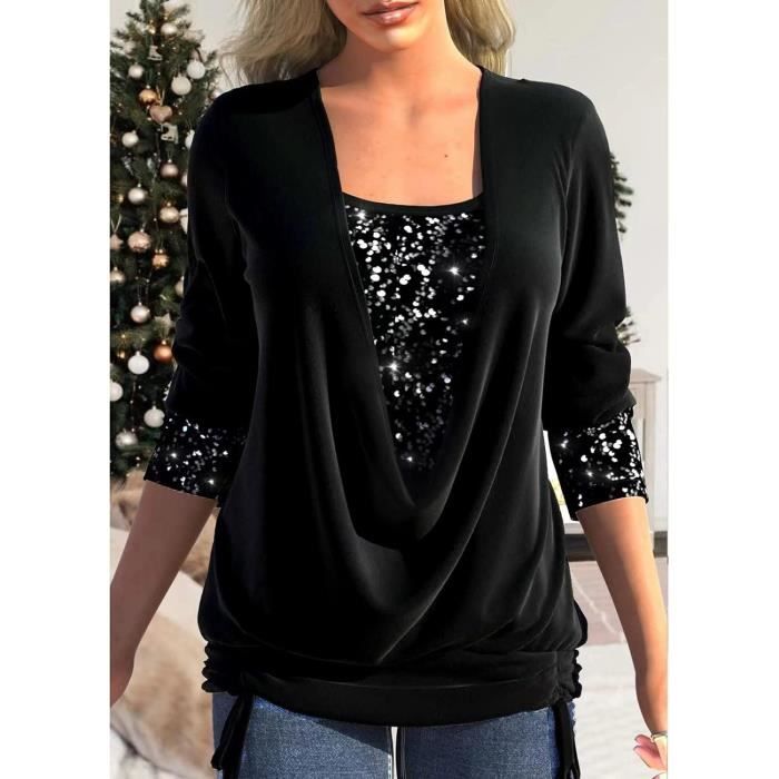 T SHIRT Haut Paillettes Femme Sexy SoireE Haut Faux Deux pieces Ample a Smocks et col en U a Sequins Noir Noir Cdiscount Pret a Porter