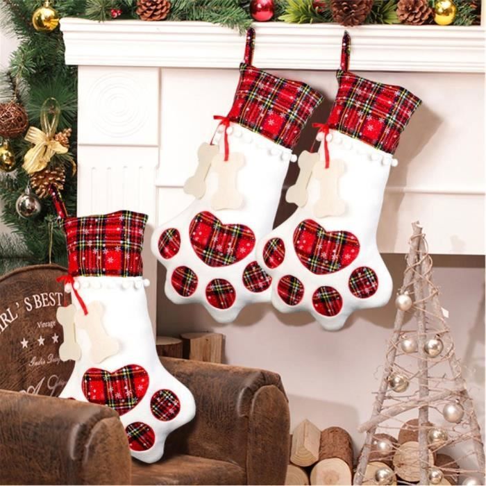 3 pcs chaussettes de Noël brodées de grande taille avec revers en fausse fourrure pour sapin de Noël, cheminée, décoration - Maison