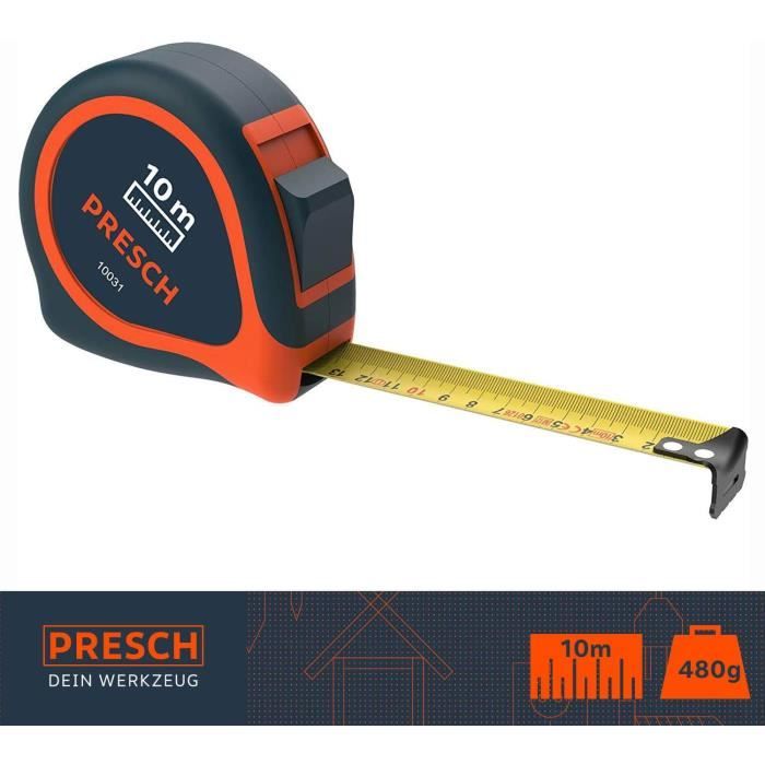 Mètre Ruban Presch 5m - Professionnel, Enroulement Automatique, Crochet Ajustable - Classe 2 De Précision