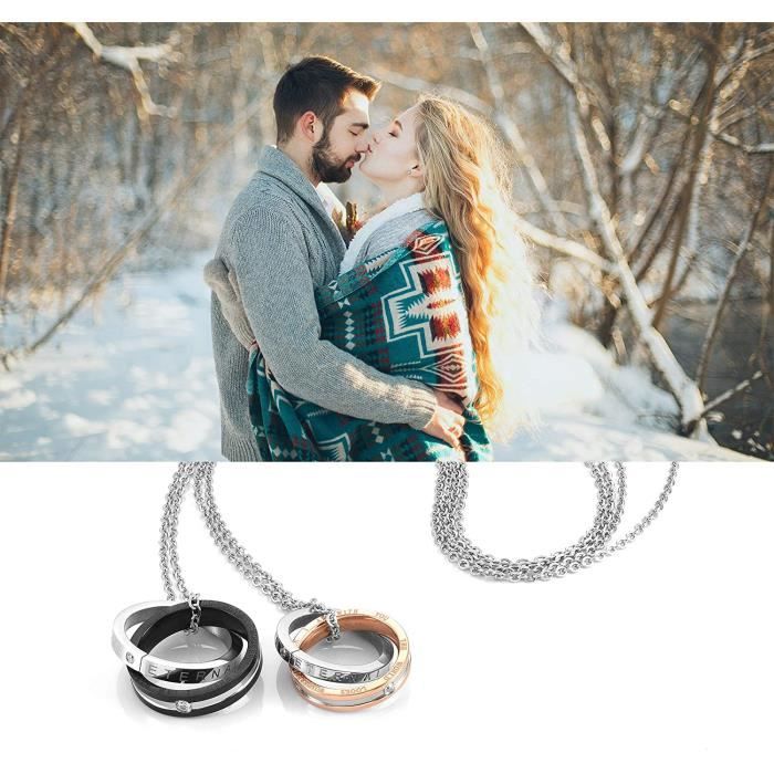 2pcs colliers couple bague pendentif anneau entrelacé her queen his king  forever love acier inoxydable amoureux amitié amour [78] - - Achat / Vente  sautoir et collier SAUTOIR - COLLIER Mixte Adulte Neuf 