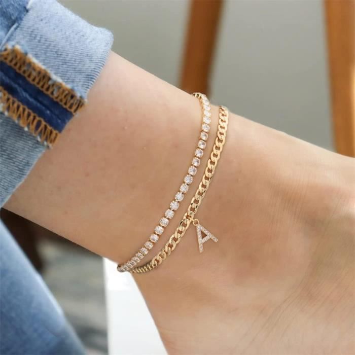 GD Signs Bracelet De Cheville Femme Élégant | Chaîne Acier Inoxydable 18K Or/Argent/Or Rose | Bijoux Hypoallergénique Avec Onyx - Réglable 22-27 Cm