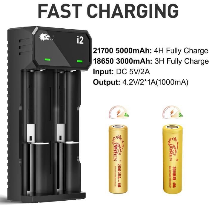 Chargeur USB-C IMREN Pour Piles 18650/21700 - 2 Slots - Lithium-ion 3,7V - Rapide 1000mA