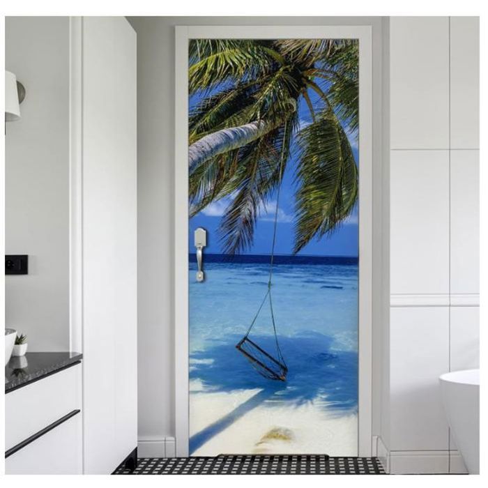 Sticker Porte 3D Effet Trompe-l’œil Hawaii – Vue Sur Mer, 85x215cm, PVC Amovible – Décoration Chambre, Salon - 3