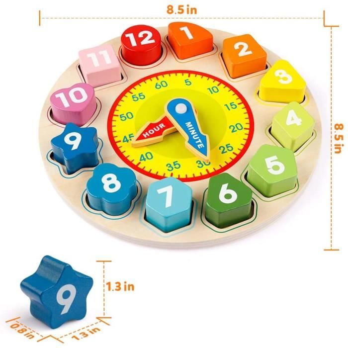 Coogam Horloge En Bois Forme Tri – Puzzle D’apprentissage De L’heure, 12 Blocs, Montessori, Cadeau 3-6 Ans