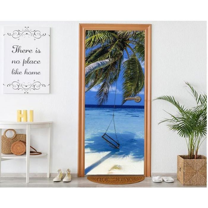Sticker Porte Trompe L'Oeil Palmiers Tropicaux 3D - Autocollant Mural Mer Auto-Adhésif Pour Décoration 77x200 Cm A-1202