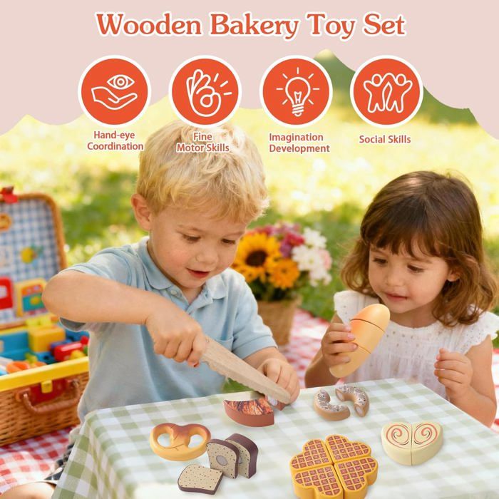 Aliment En Bois Dinette – Pain à Découper – Jeu De Rôle Chef – Accessoire Cuisine Enfant – Sac De Rangement Inclus – Dès 2 Ans