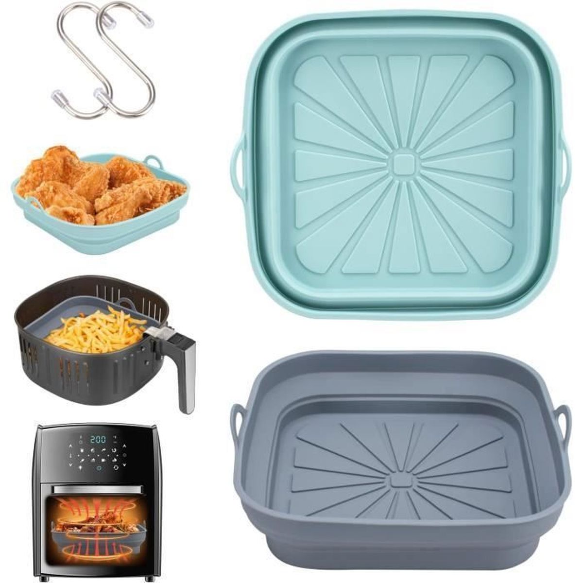 Moules Silicone Air Fryer 2 Pièces - Gris Et Bleu - 19x14x7 Cm - Réutilisables, Antiadhésifs, Lavables