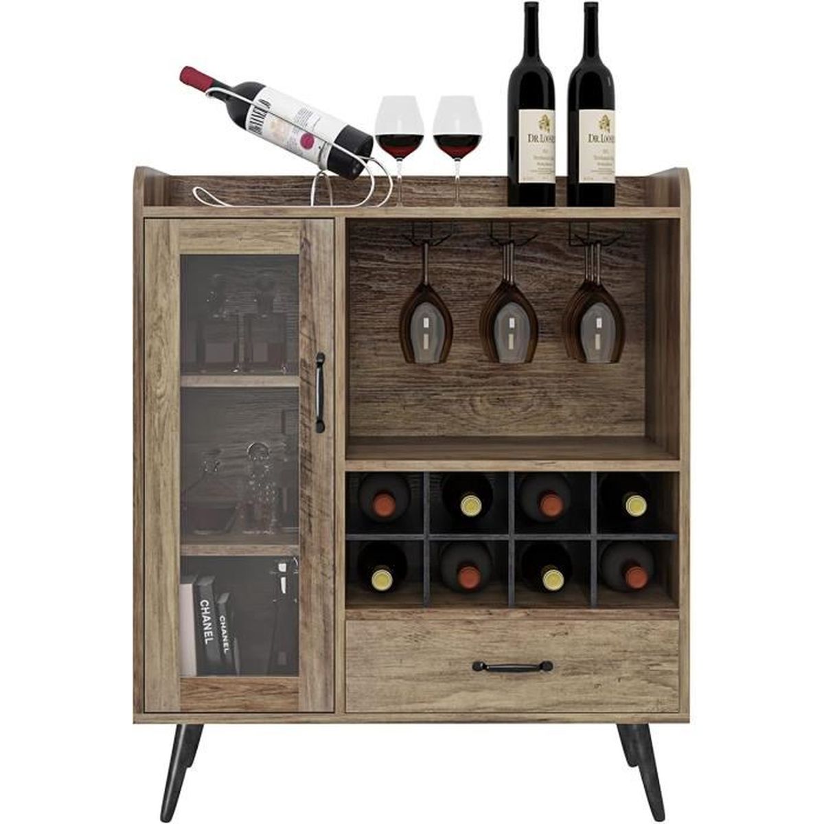 SogesHome Cave à Vin avec 1 Porte Vitrée et Tiroirs, Meuble Bar 3 Niveaux en Bois de Chêne avec