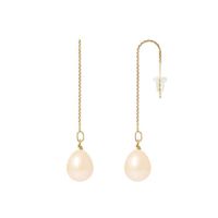PERLINEA - Boucles d'Oreilles - Véritables Perles de Culture d'Eau Douce Poires 8-9 mm Rose Naturel - Or Jaune - Bijoux Femme