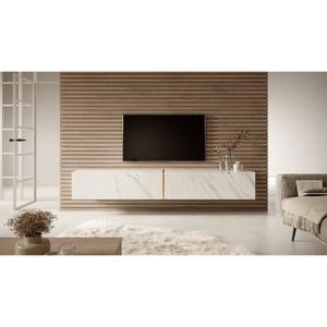 MEUBLE TV Meuble TV - BISIRA - 200 cm en marbre blanc avec insert doré