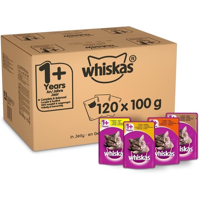 Nourriture pour chats Whiskas 1+ Mélange sélectif de sachets en gelée pour Chat 100 g, Lot de 120 39013