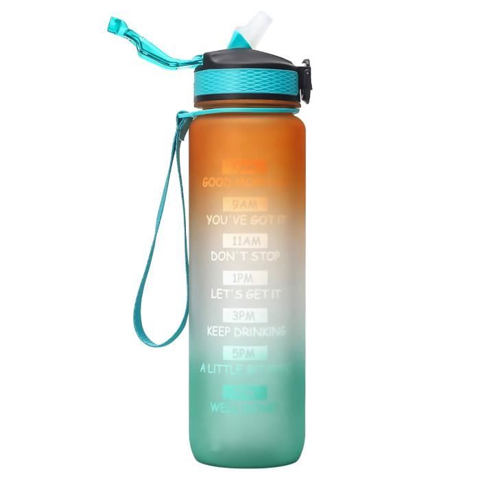 Gourde,Bouteille d'eau avec marqueur de temps sans BPA, 1l-2,2 l-3,78 l, gourde de sport pour gymnastique, - Type Orange Green 1L