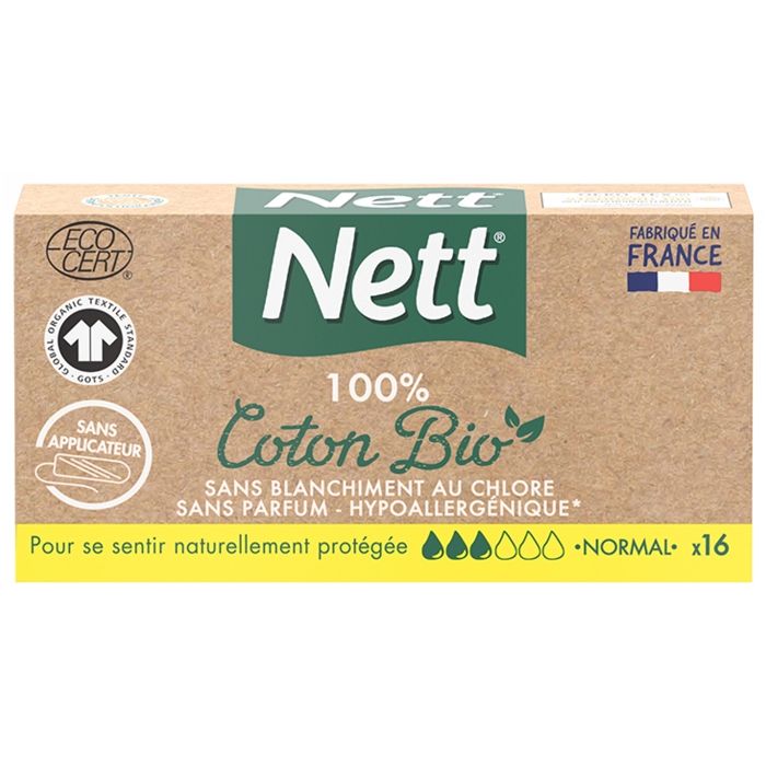 NETT Tampon Coton Bio sans applicateur Normal - Boîte de 16
