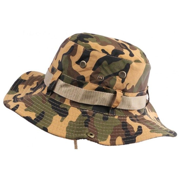 Chapeau Bob safari Camouflage Marron Camel et Vert Lien Serrage et Protege Nuque - Taille unique - Marron