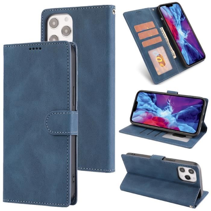 Étui iPhone 12 Pro Max, Portefeuille à Rabat Porte-Cartes en Cuir Housse Protection Simple Ultra-fin Support, Bleu